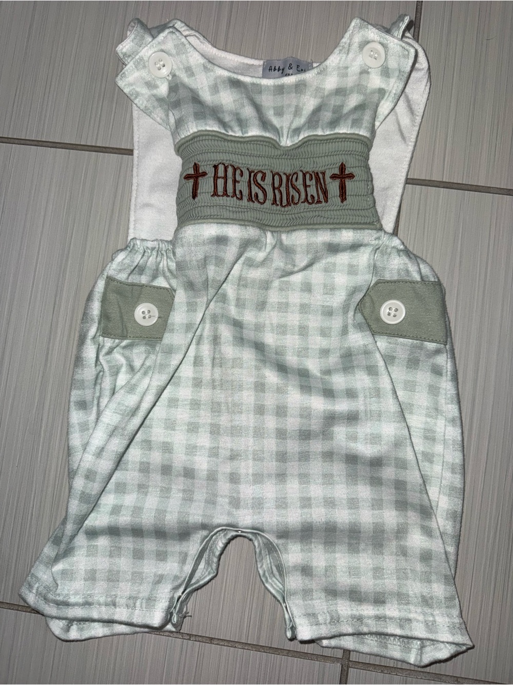 Abby & Evie 6M He Is Risen Smocked Easter Bubble Romper Sage Gingham